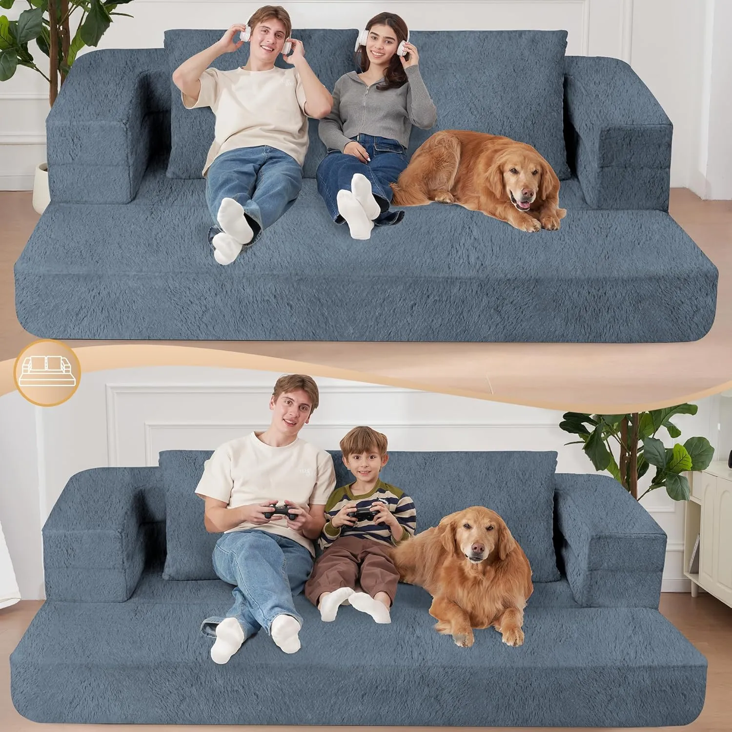 Folding Bean Bag Chair for Adults,3-in-1 Bean Bag Couch Faux Fur Floor Sofa Large Foam Beanbag Convertible Bean Bag Sofa Bed with Pillow in Bedroom,Living Room,Apartment(Large,Gray)