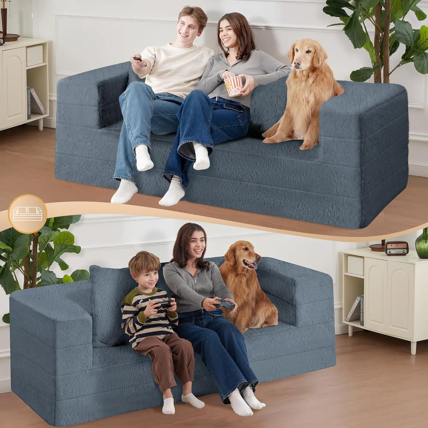 Folding Bean Bag Chair for Adults,3-in-1 Bean Bag Couch Faux Fur Floor Sofa Large Foam Beanbag Convertible Bean Bag Sofa Bed with Pillow in Bedroom,Living Room,Apartment(Large,Gray)