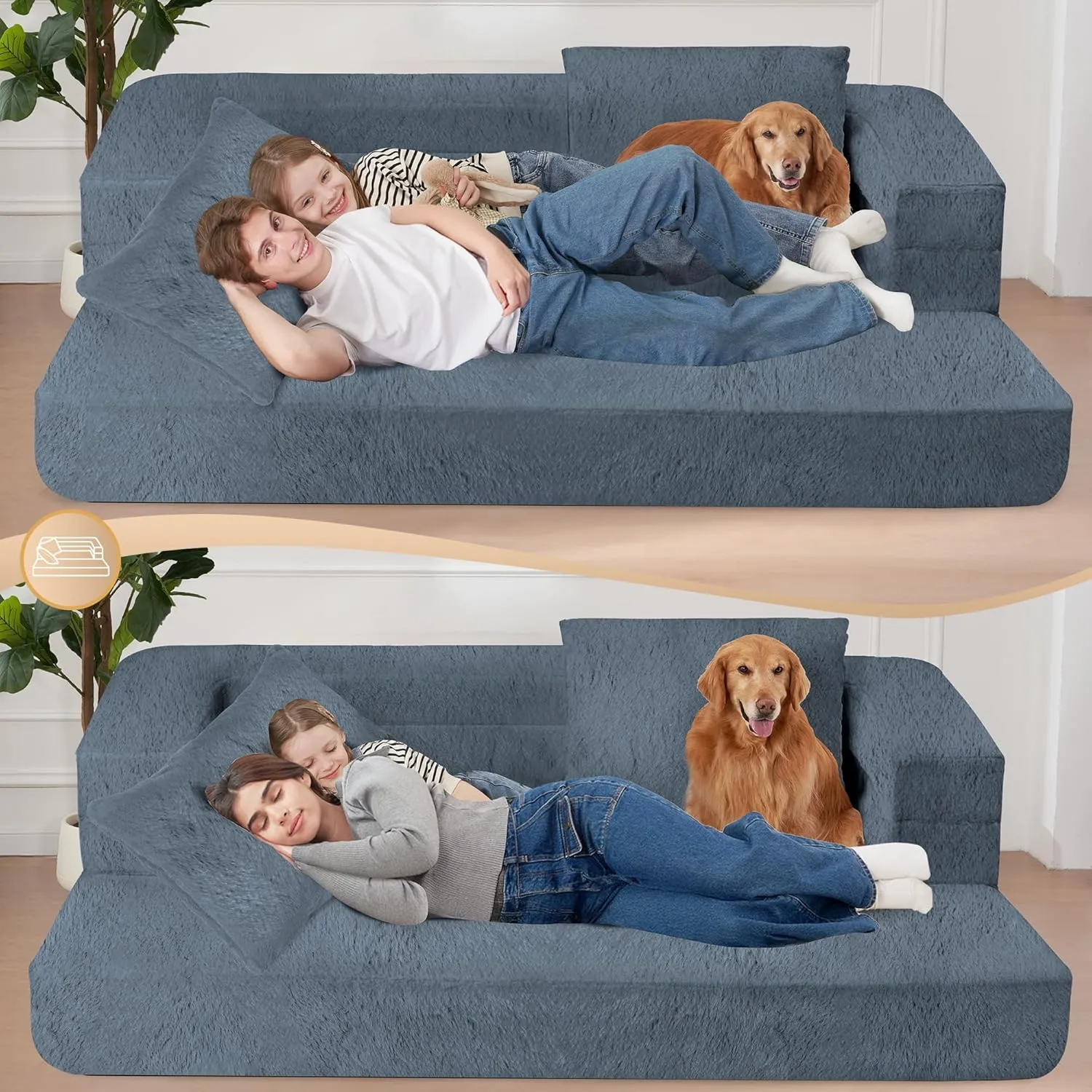 Folding Bean Bag Chair for Adults,3-in-1 Bean Bag Couch Faux Fur Floor Sofa Large Foam Beanbag Convertible Bean Bag Sofa Bed with Pillow in Bedroom,Living Room,Apartment(Large,Gray)