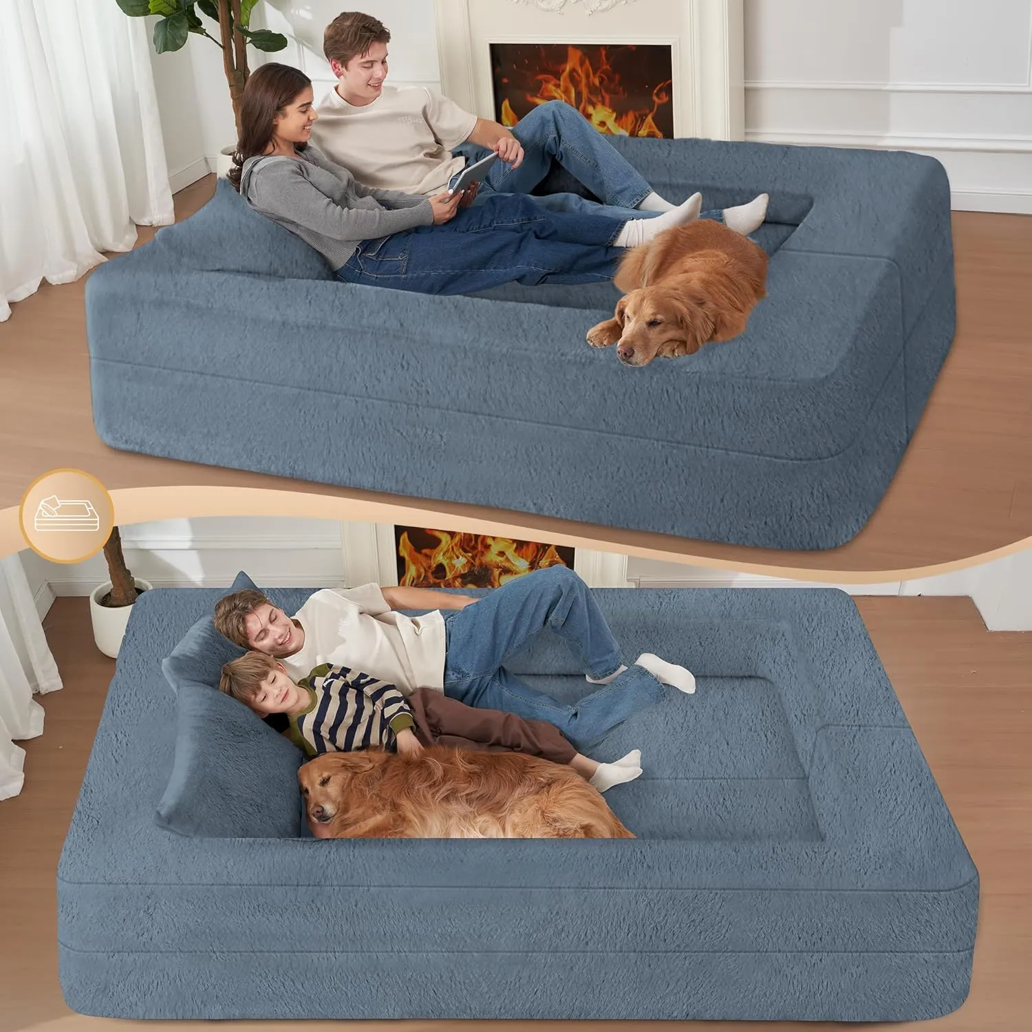 Folding Bean Bag Chair for Adults,3-in-1 Bean Bag Couch Faux Fur Floor Sofa Large Foam Beanbag Convertible Bean Bag Sofa Bed with Pillow in Bedroom,Living Room,Apartment(Large,Gray)