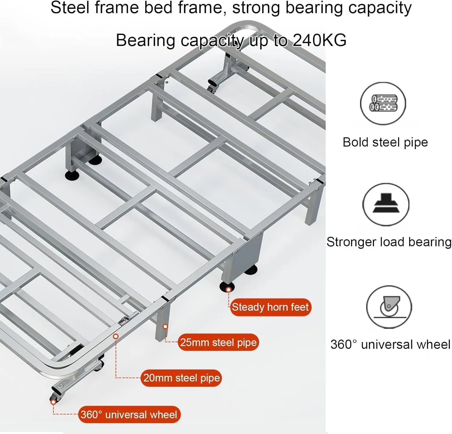 Folding Camping Bed Steel Camping Cot 6-Position Adjustment Reclining Chaise W/ 8 Wheels Lounge Chair Load 240kg Folding Cot