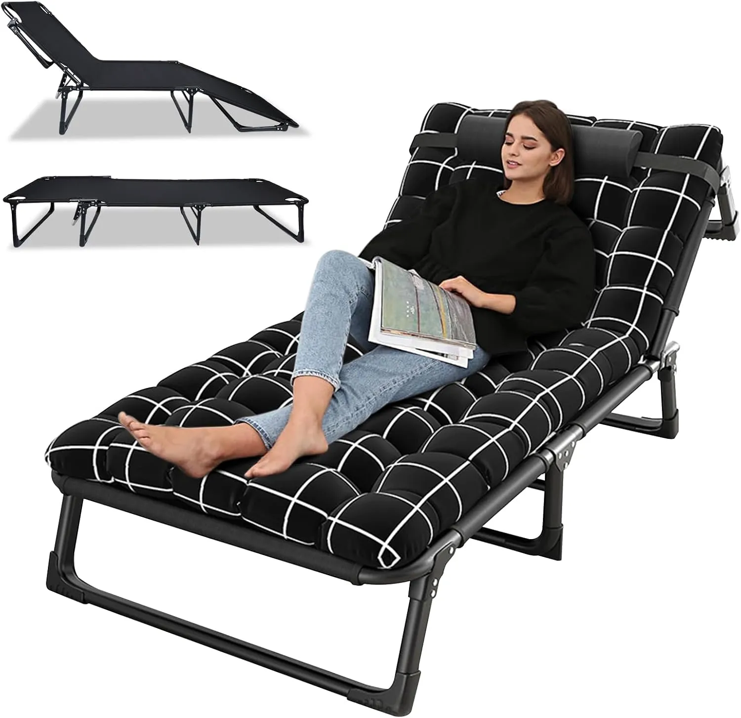 Folding Camping Cot, 4-Position Adjustable Camping Bed Supports up to 440lbs, Portable Bed with Pillow & Thick Mattress, Camping Cots for Adults for Outdoor Travel Camp Beach Office (Black)