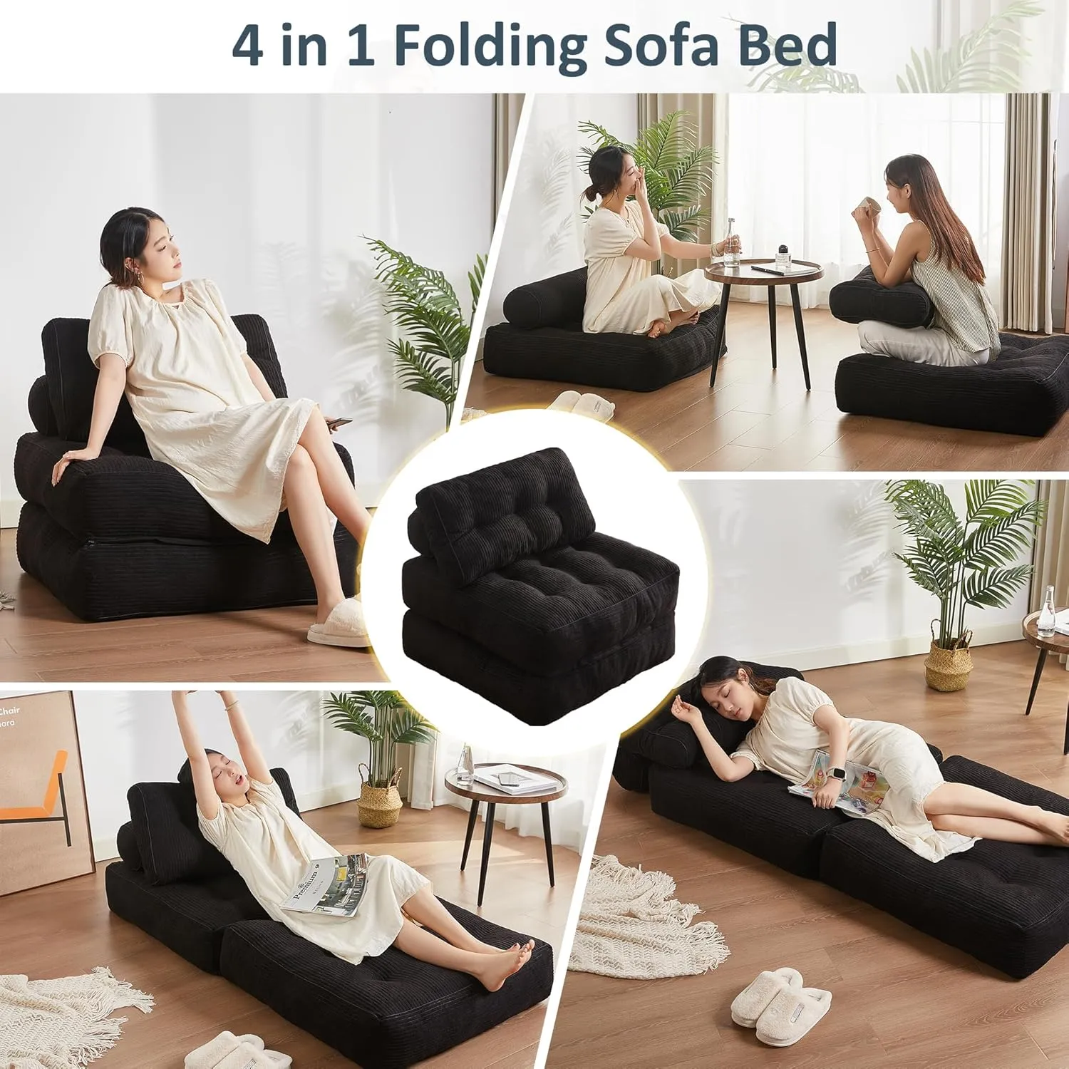 Folding Chair Bed, Futon Sofa Bed, Floor Couch for Adults Chair Bed for Living Room, Lounge Sofa, Convertible Sofa Bed, Small Couches for Small Spaces, Black