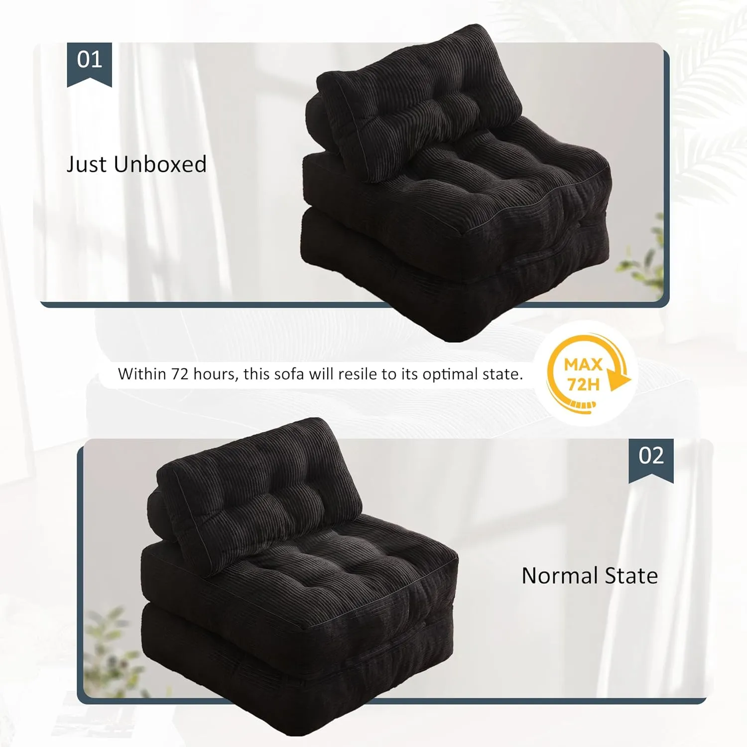 Folding Chair Bed, Futon Sofa Bed, Floor Couch for Adults Chair Bed for Living Room, Lounge Sofa, Convertible Sofa Bed, Small Couches for Small Spaces, Black
