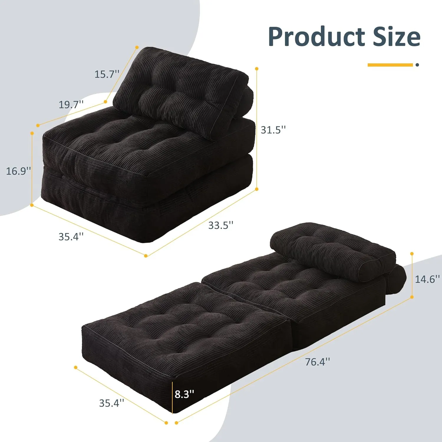Folding Chair Bed, Futon Sofa Bed, Floor Couch for Adults Chair Bed for Living Room, Lounge Sofa, Convertible Sofa Bed, Small Couches for Small Spaces, Black