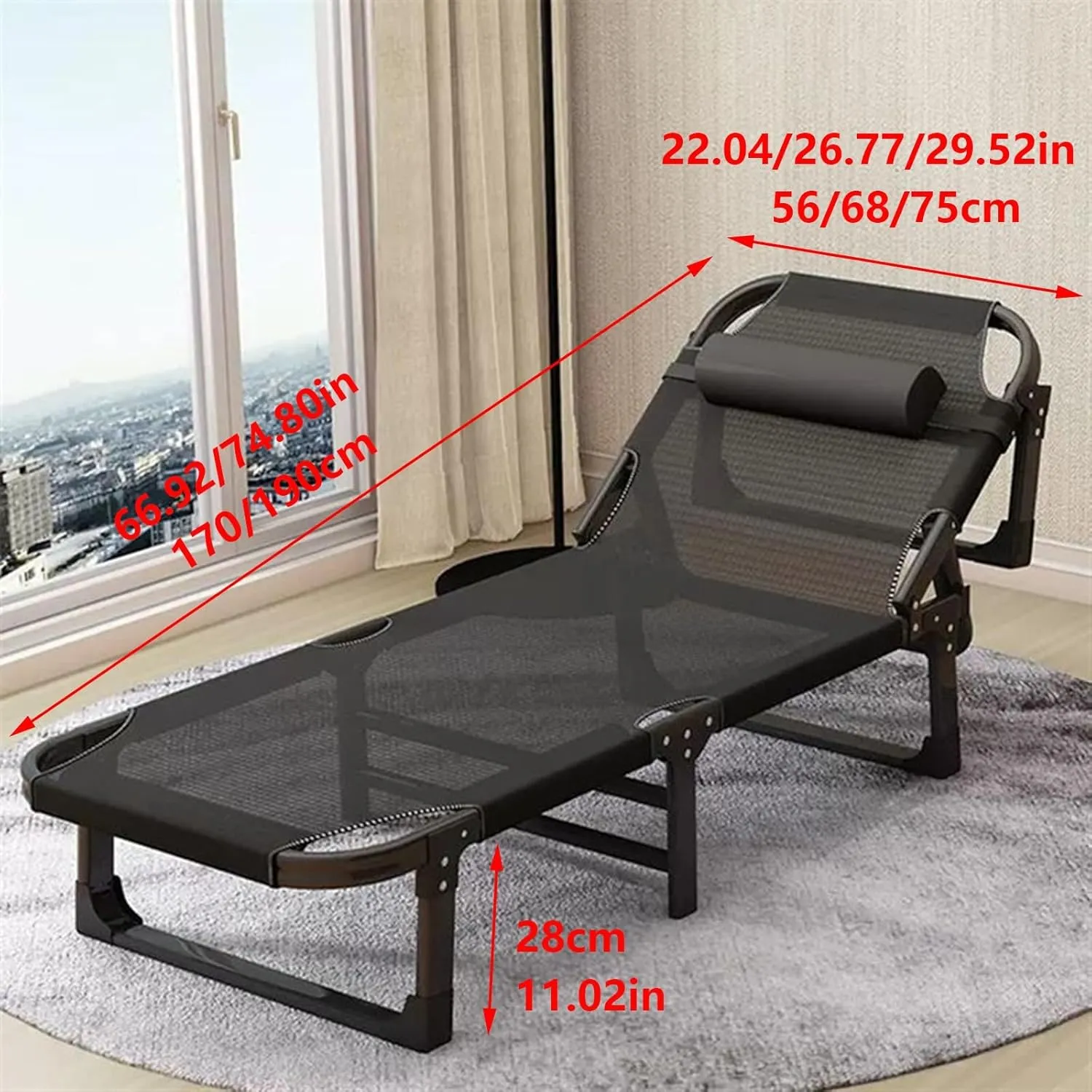 Folding Guest Chaise Lounge Bed, Breathable Polyester Mesh with Pillow, Portable Ergonomic Recliner Chair, No Assembly, for Home Office, Outdoor Camping(190 * 75 * 28cm)
