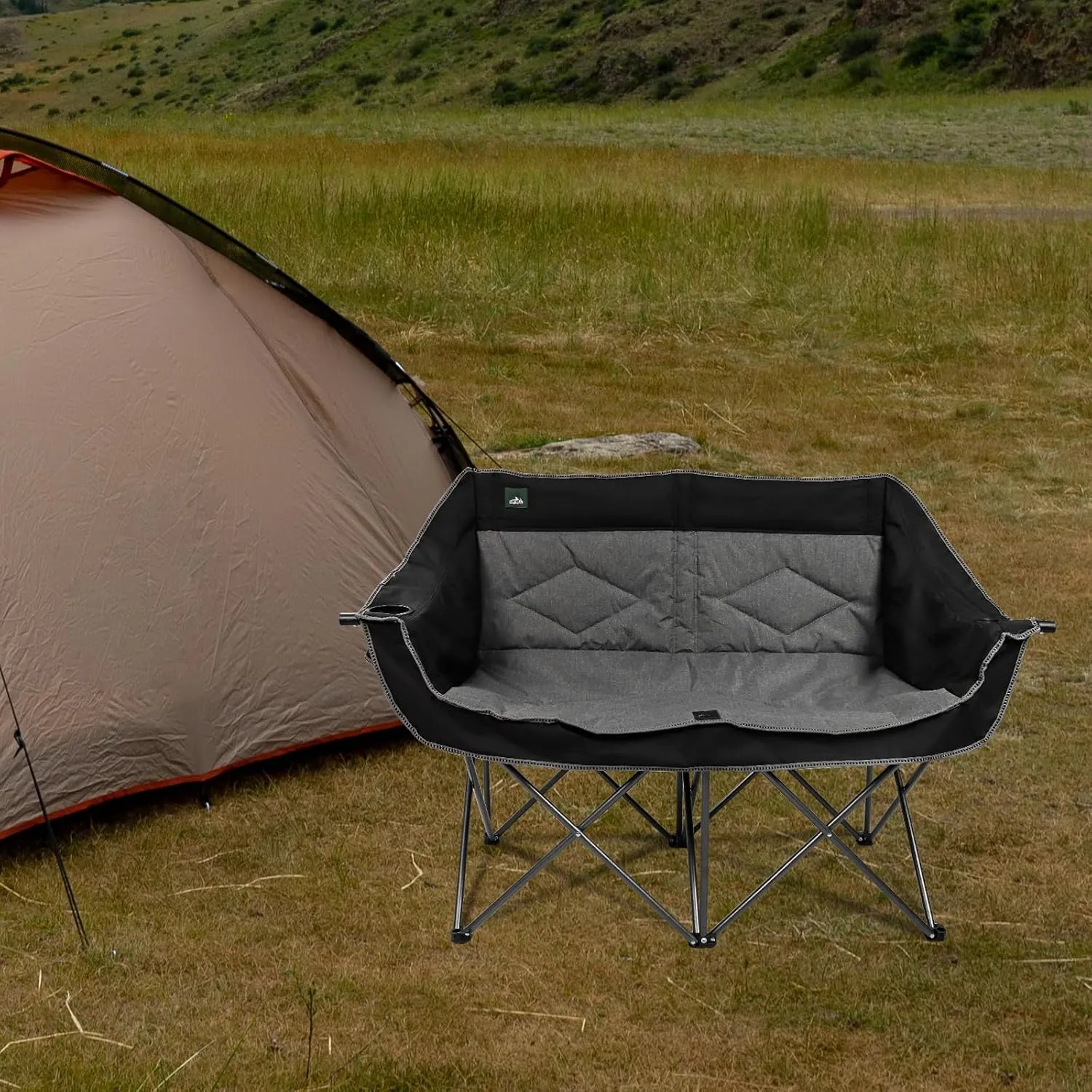 Folding Loveseat Camping Chair Portable Double Duo Full Padded Garden Sofa Chair for 2 Person w/ 2 Cup Holder,Wine Glass Holder,Support 600lbs for Outdoor Travel (Black)