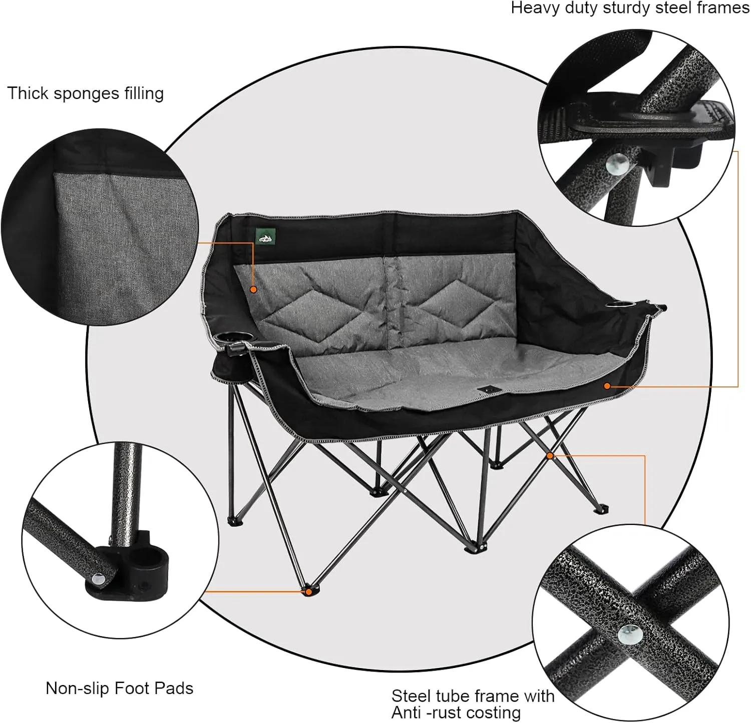 Folding Loveseat Camping Chair Portable Double Duo Full Padded Garden Sofa Chair for 2 Person w/ 2 Cup Holder,Wine Glass Holder,Support 600lbs for Outdoor Travel (Black)