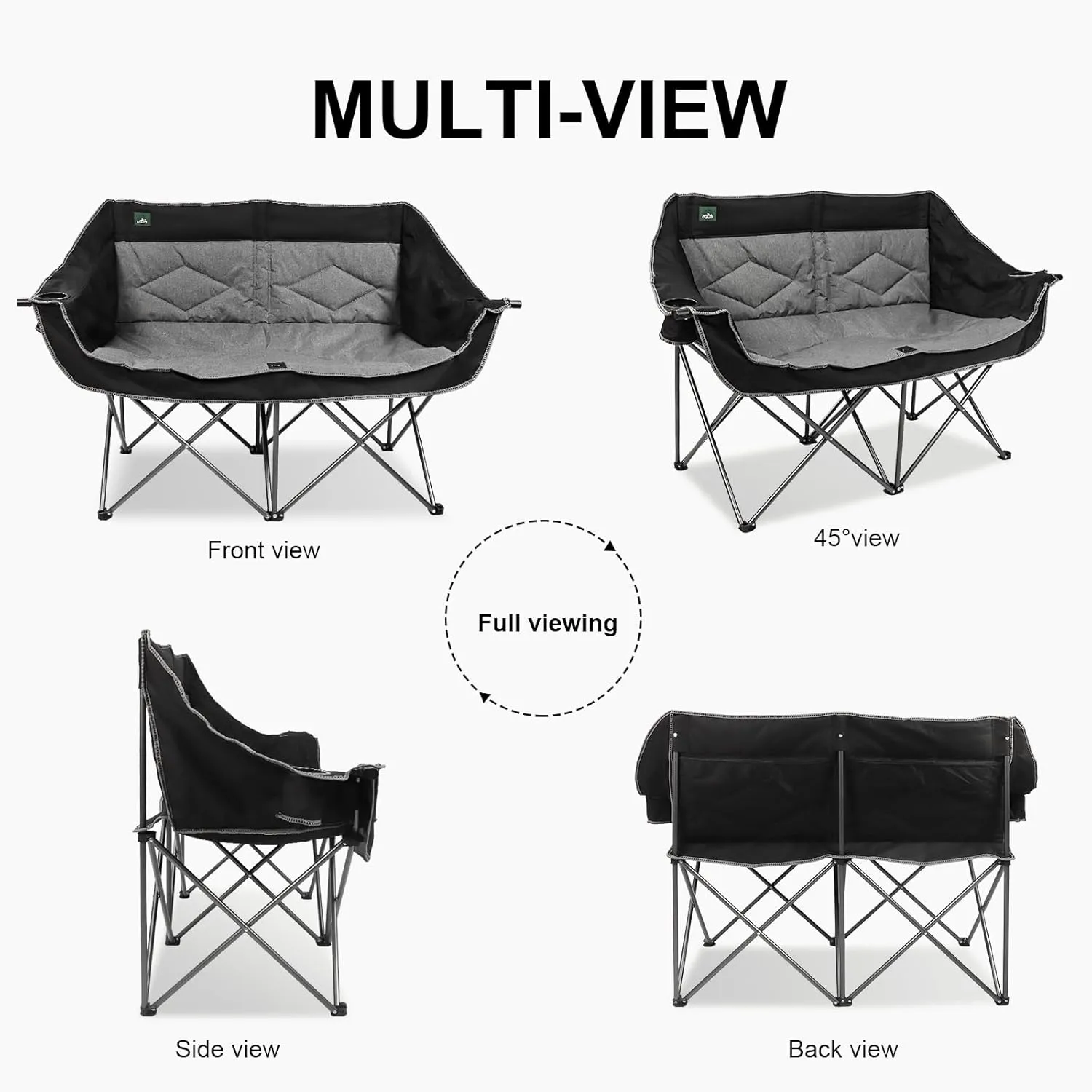 Folding Loveseat Camping Chair Portable Double Duo Full Padded Garden Sofa Chair for 2 Person w/ 2 Cup Holder,Wine Glass Holder,Support 600lbs for Outdoor Travel (Black)