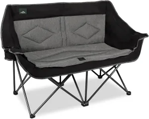 Folding Loveseat Camping Chair Portable Double Duo Full Padded Garden Sofa Chair for 2 Person w/ 2 Cup Holder,Wine Glass Holder,Support 600lbs for Outdoor Travel (Black)