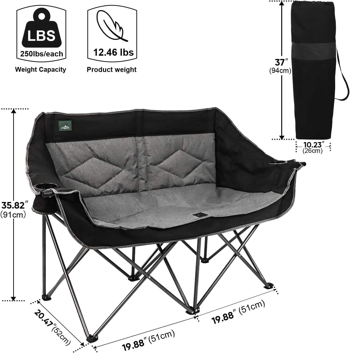 Folding Loveseat Camping Chair Portable Double Duo Full Padded Garden Sofa Chair for 2 Person w/ 2 Cup Holder,Wine Glass Holder,Support 600lbs for Outdoor Travel (Black)
