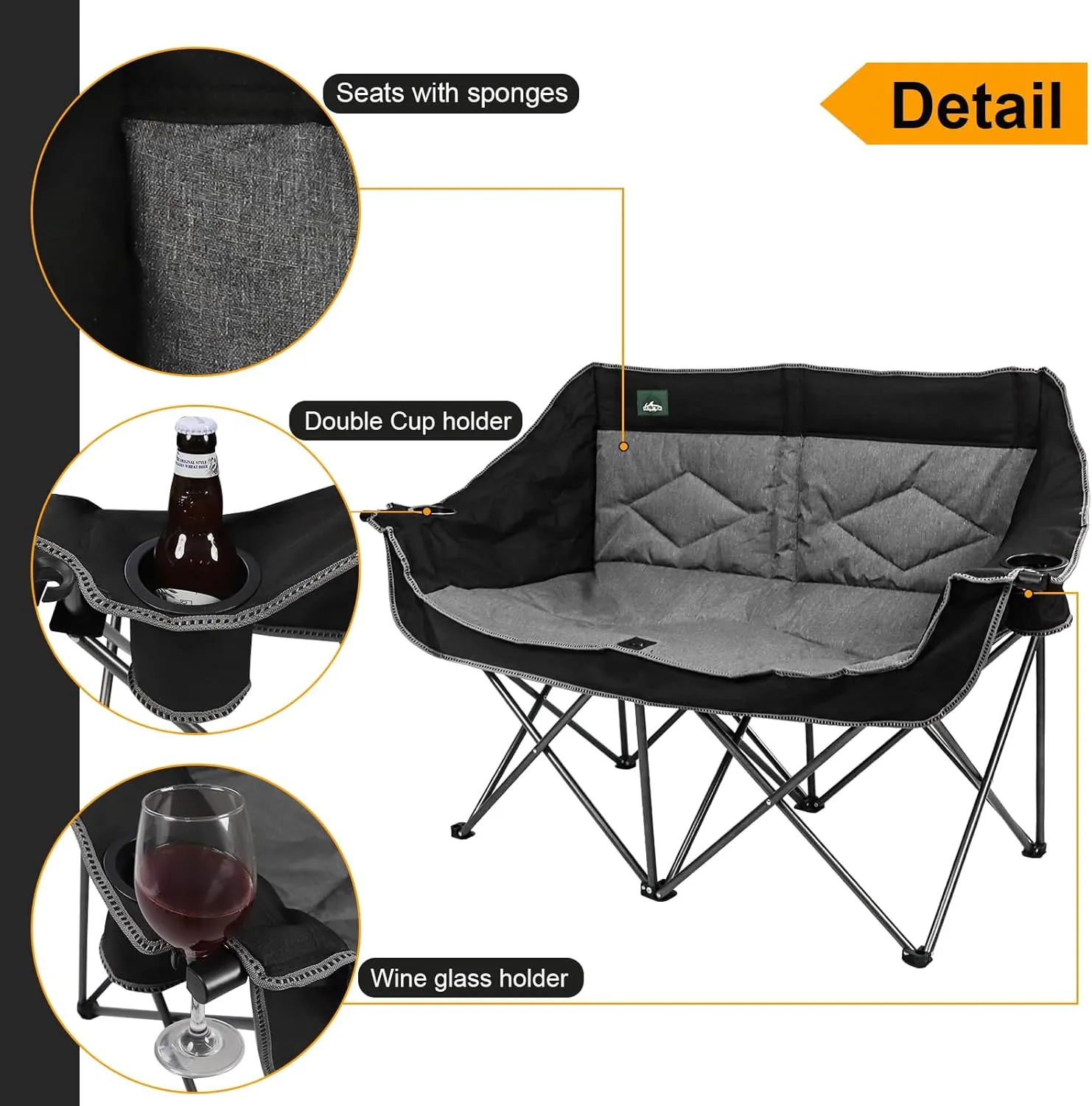 Folding Loveseat Camping Chair Portable Double Duo Full Padded Garden Sofa Chair for 2 Person w/ 2 Cup Holder,Wine Glass Holder,Support 600lbs for Outdoor Travel (Black)