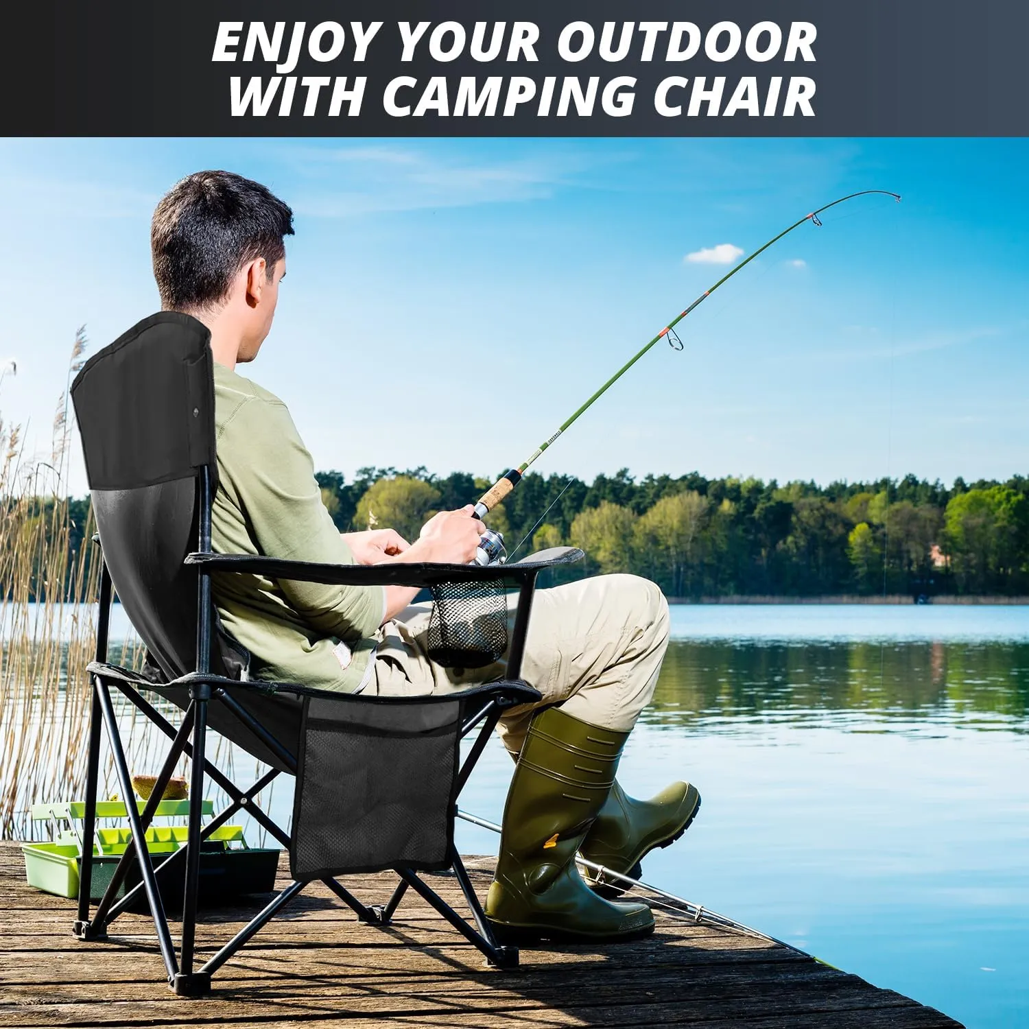 Folding Outdoor Beach Camp Chair with Cup Holder, Storage Pocket, Waterproof Bag Outdoor Arm Chair, Supports 225LBS, Black