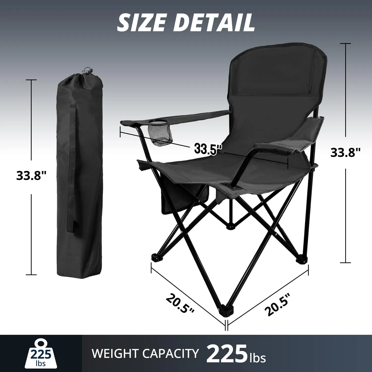 Folding Outdoor Beach Camp Chair with Cup Holder, Storage Pocket, Waterproof Bag Outdoor Arm Chair, Supports 225LBS, Black