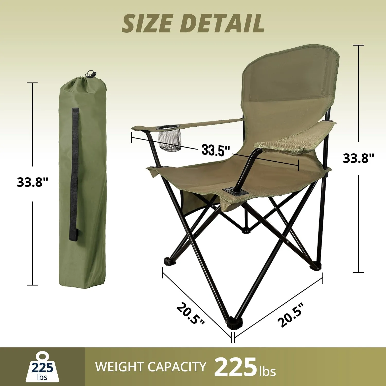 Folding Outdoor Beach Camp Chair with Cup Holder, Storage Pocket, Waterproof Bag Outdoor Arm Chair, Supports 225LBS, Green