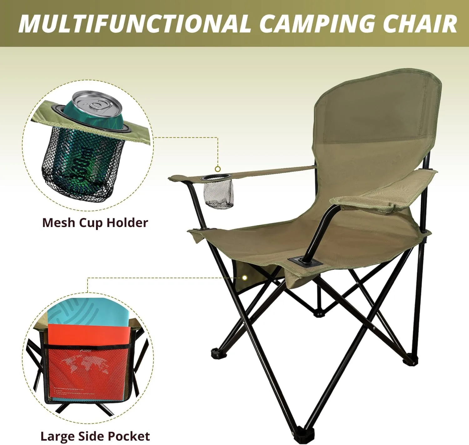 Folding Outdoor Beach Camp Chair with Cup Holder, Storage Pocket, Waterproof Bag Outdoor Arm Chair, Supports 225LBS, Green