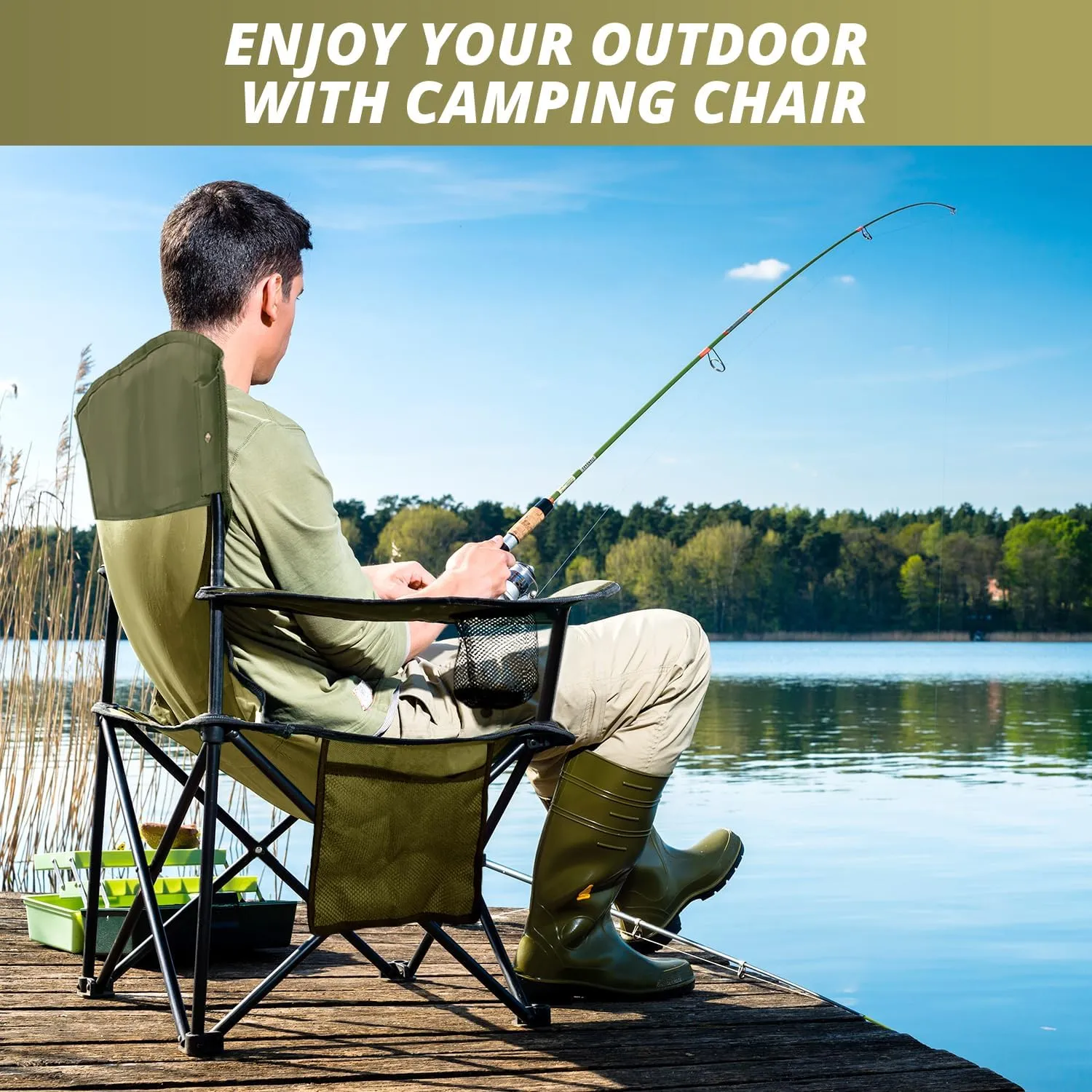 Folding Outdoor Beach Camp Chair with Cup Holder, Storage Pocket, Waterproof Bag Outdoor Arm Chair, Supports 225LBS, Green