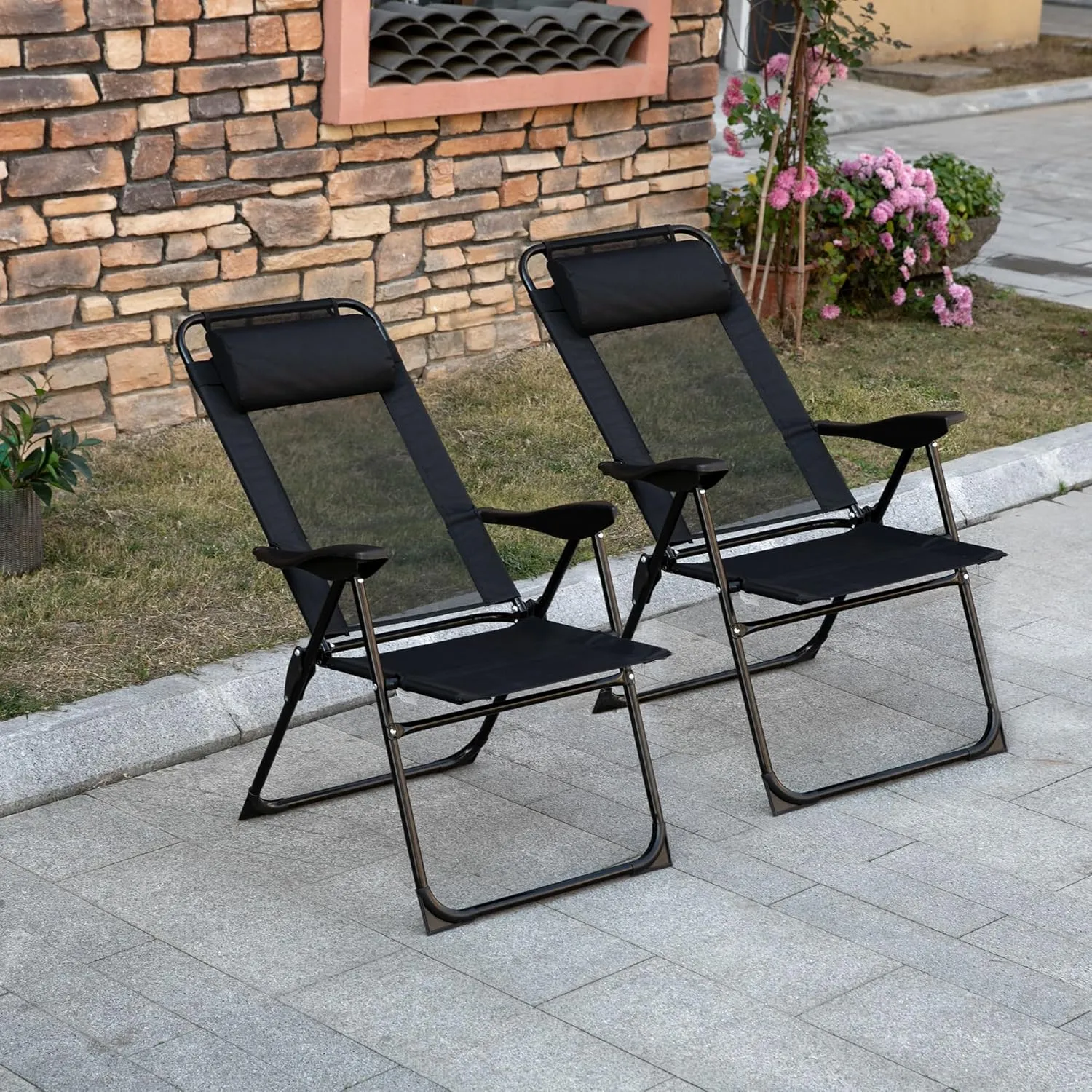 Folding Patio Chairs, Set of 2, Adjustable Sling Back, Black Mesh, Outdoor Deck Camping Chair (Chair 4)