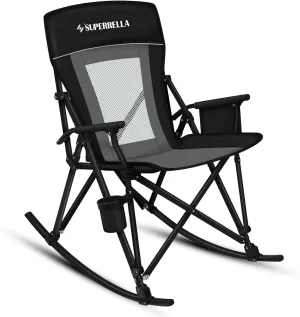 Folding Rocking Camping Chair Portable Outdoor Rocker with High Mesh Back, Handrail Bars, Carry Bag, Cup Holder, Bottle Opener, Supports 400 lbs, Black&Grey