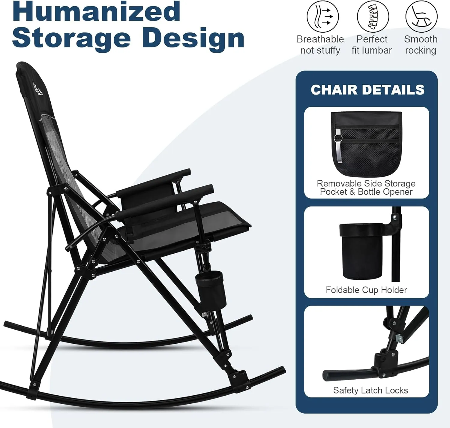 Folding Rocking Camping Chair Portable Outdoor Rocker with High Mesh Back, Handrail Bars, Carry Bag, Cup Holder, Bottle Opener, Supports 400 lbs, Black&Grey