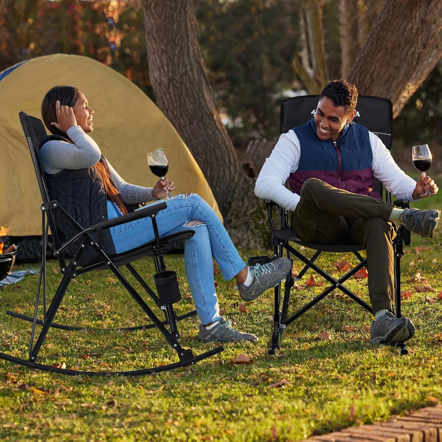 Folding Rocking Camping Chair Portable Outdoor Rocker with High Mesh Back, Handrail Bars, Carry Bag, Cup Holder, Bottle Opener, Supports 400 lbs, Black&Grey