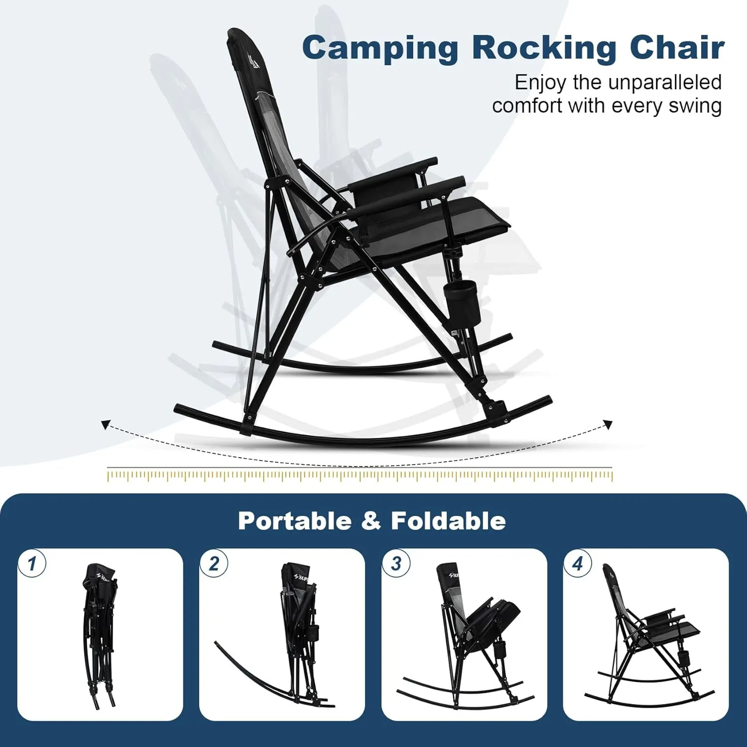 Folding Rocking Camping Chair Portable Outdoor Rocker with High Mesh Back, Handrail Bars, Carry Bag, Cup Holder, Bottle Opener, Supports 400 lbs, Black&Grey