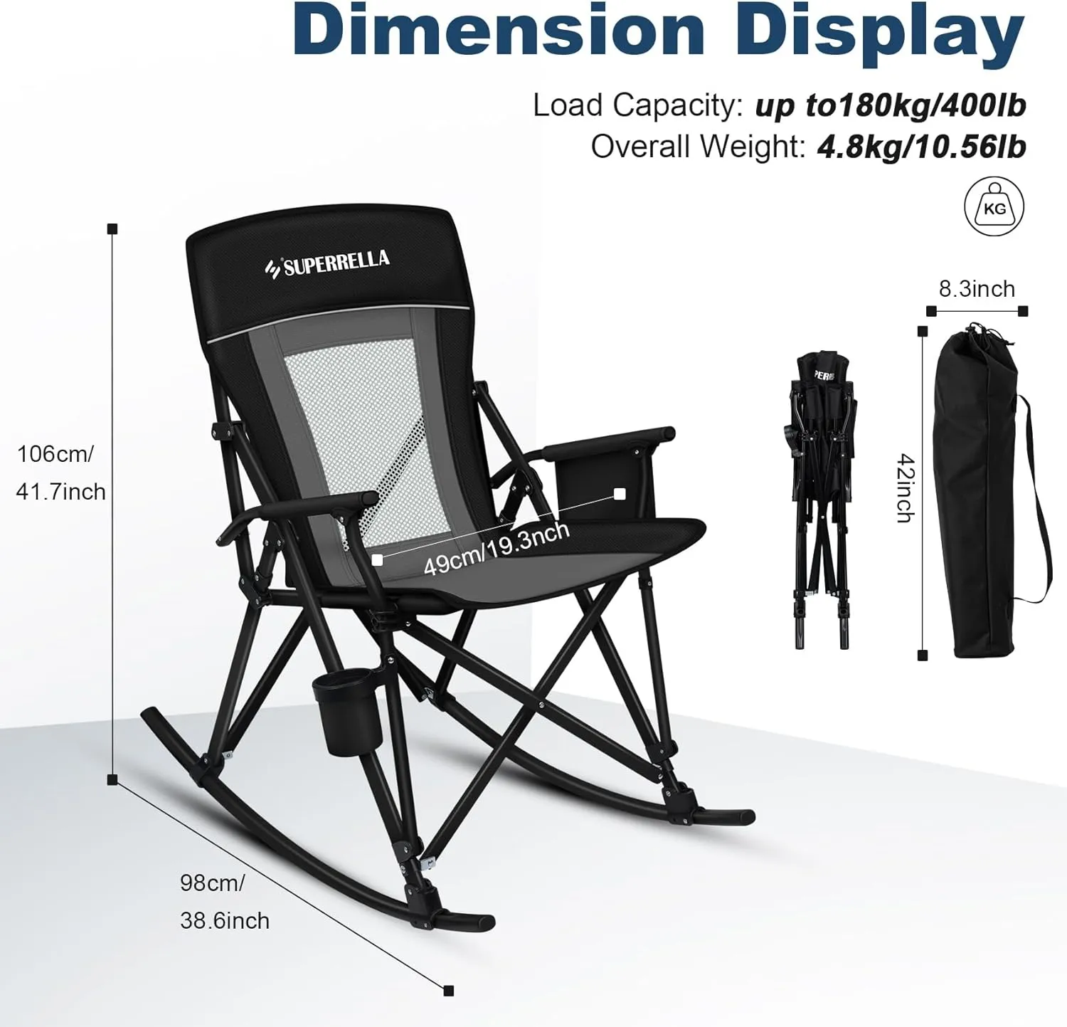 Folding Rocking Camping Chair Portable Outdoor Rocker with High Mesh Back, Handrail Bars, Carry Bag, Cup Holder, Bottle Opener, Supports 400 lbs, Black&Grey