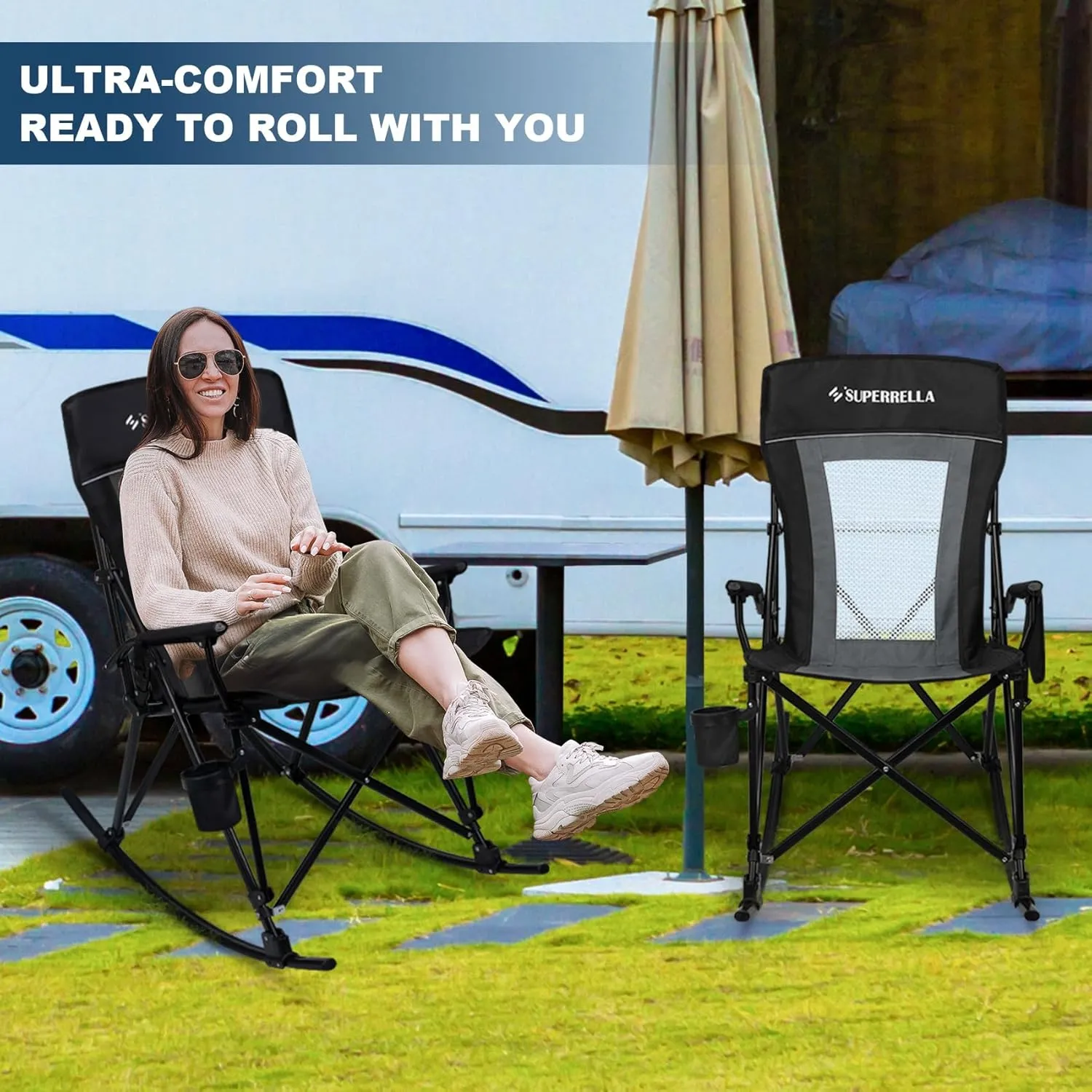 Folding Rocking Camping Chair Portable Outdoor Rocker with High Mesh Back, Handrail Bars, Carry Bag, Cup Holder, Bottle Opener, Supports 400 lbs, Black&Grey