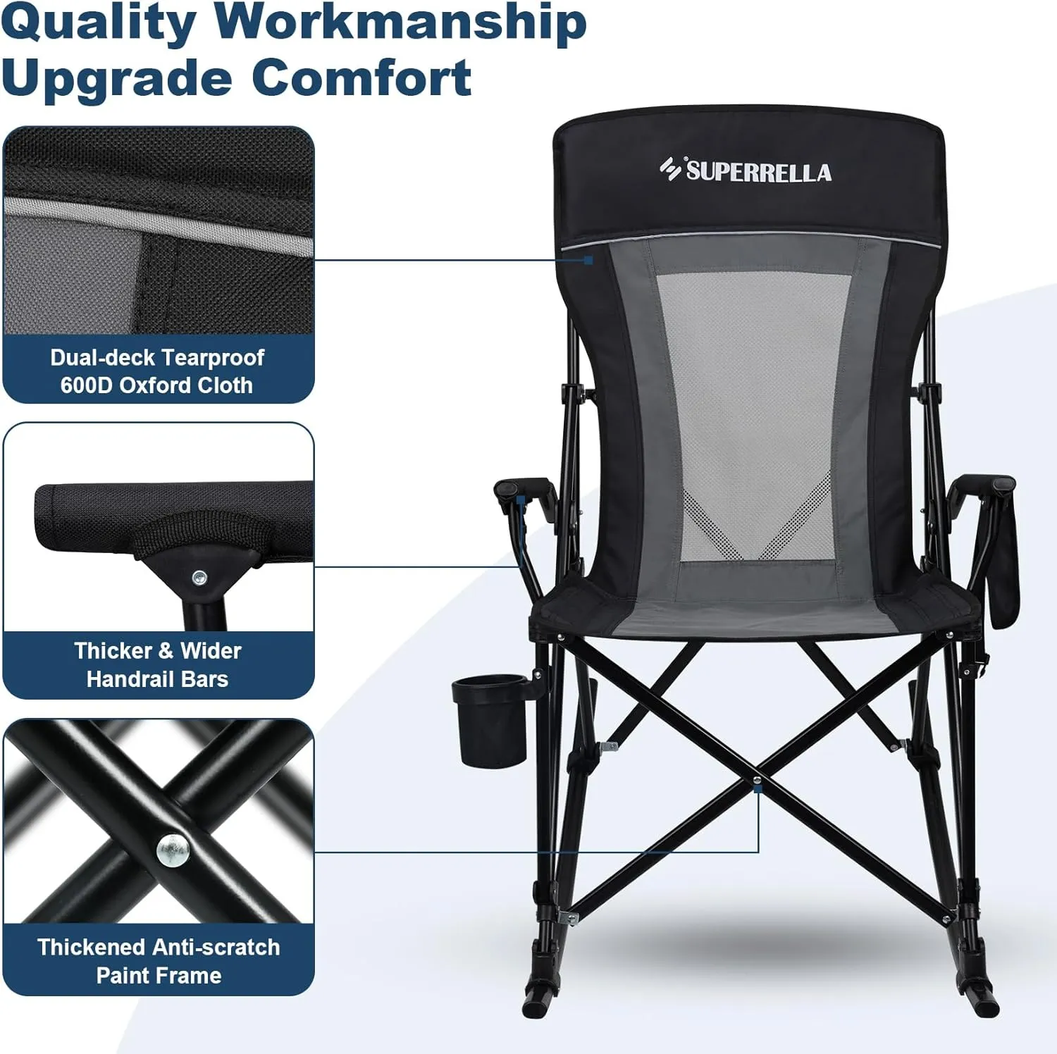 Folding Rocking Camping Chair Portable Outdoor Rocker with High Mesh Back, Handrail Bars, Carry Bag, Cup Holder, Bottle Opener, Supports 400 lbs, Black&Grey