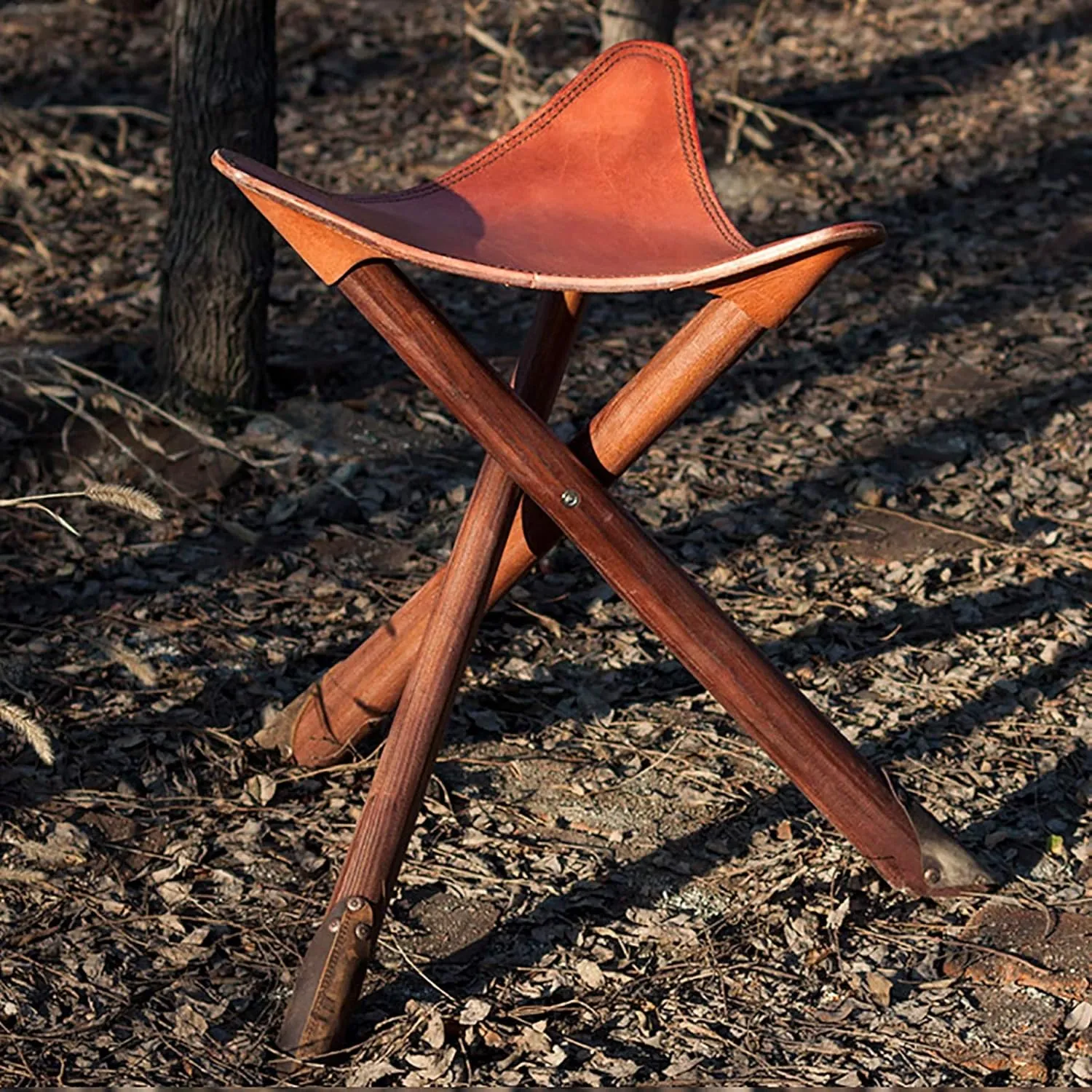Folding Triangle Stool - Selected First Layer Cowhide   Pure Solid Wood Bracket   Mute Foot Sticker, Handmade Outdoor Hiking Camping Hunting Fishing Chair Tri-Leg Stool (Size : 3-Leg)