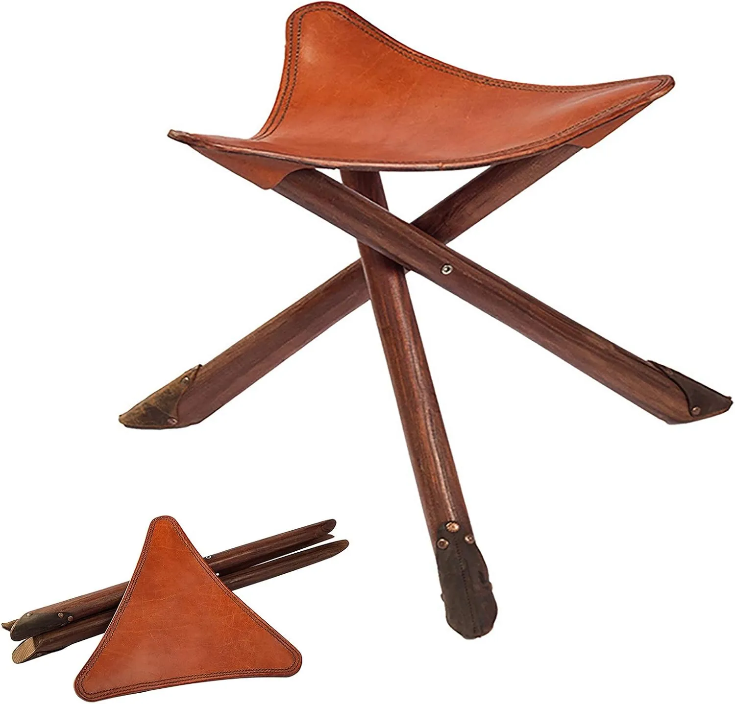 Folding Triangle Stool - Selected First Layer Cowhide   Pure Solid Wood Bracket   Mute Foot Sticker, Handmade Outdoor Hiking Camping Hunting Fishing Chair Tri-Leg Stool (Size : 3-Leg)