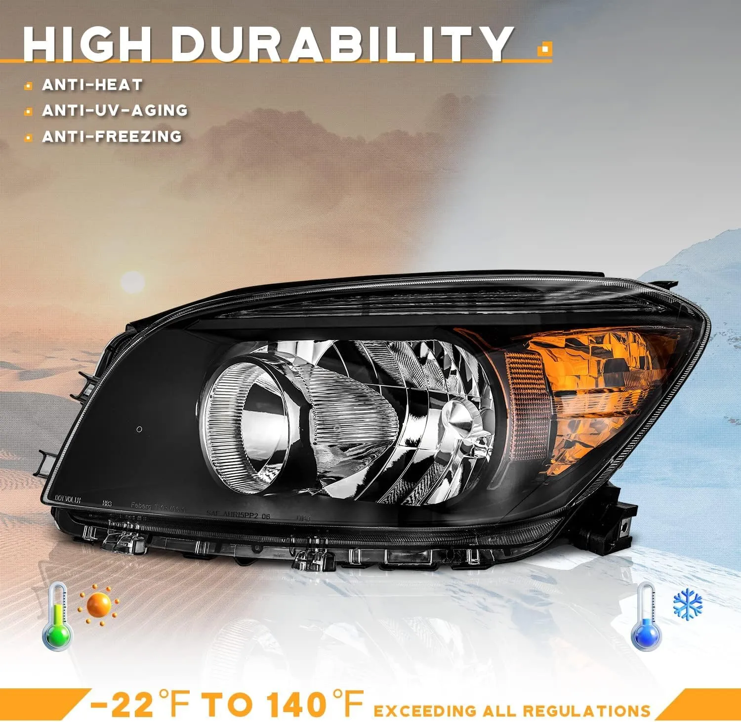 for 2006-2008 Toyota RAV4 Headlights Replacement for 06 07 08 RAV4 Headlight Assembly Headlamp Pair Halogen Black Housing Amber Reflector