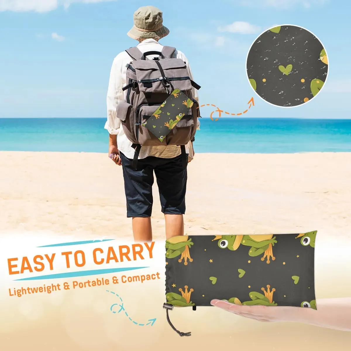 Frog Beach Blanket, Sandproof Beach Mat, 68 x 59 Waterproof Quick Drying Sand Free Mat with 4 x Ground Spikes for Outdoor Travel Camping Hiking, Cute Frog