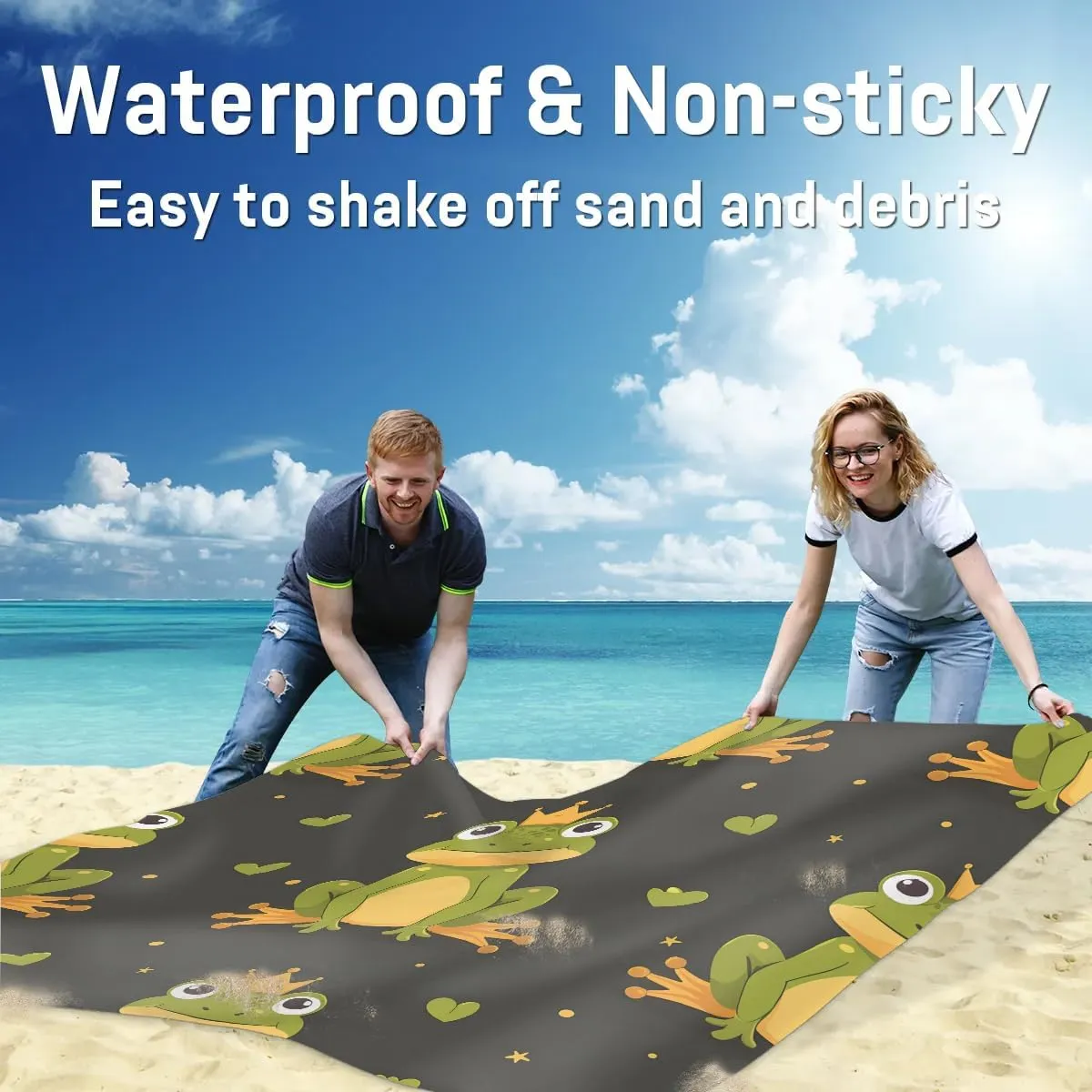 Frog Beach Blanket, Sandproof Beach Mat, 68 x 59 Waterproof Quick Drying Sand Free Mat with 4 x Ground Spikes for Outdoor Travel Camping Hiking, Cute Frog