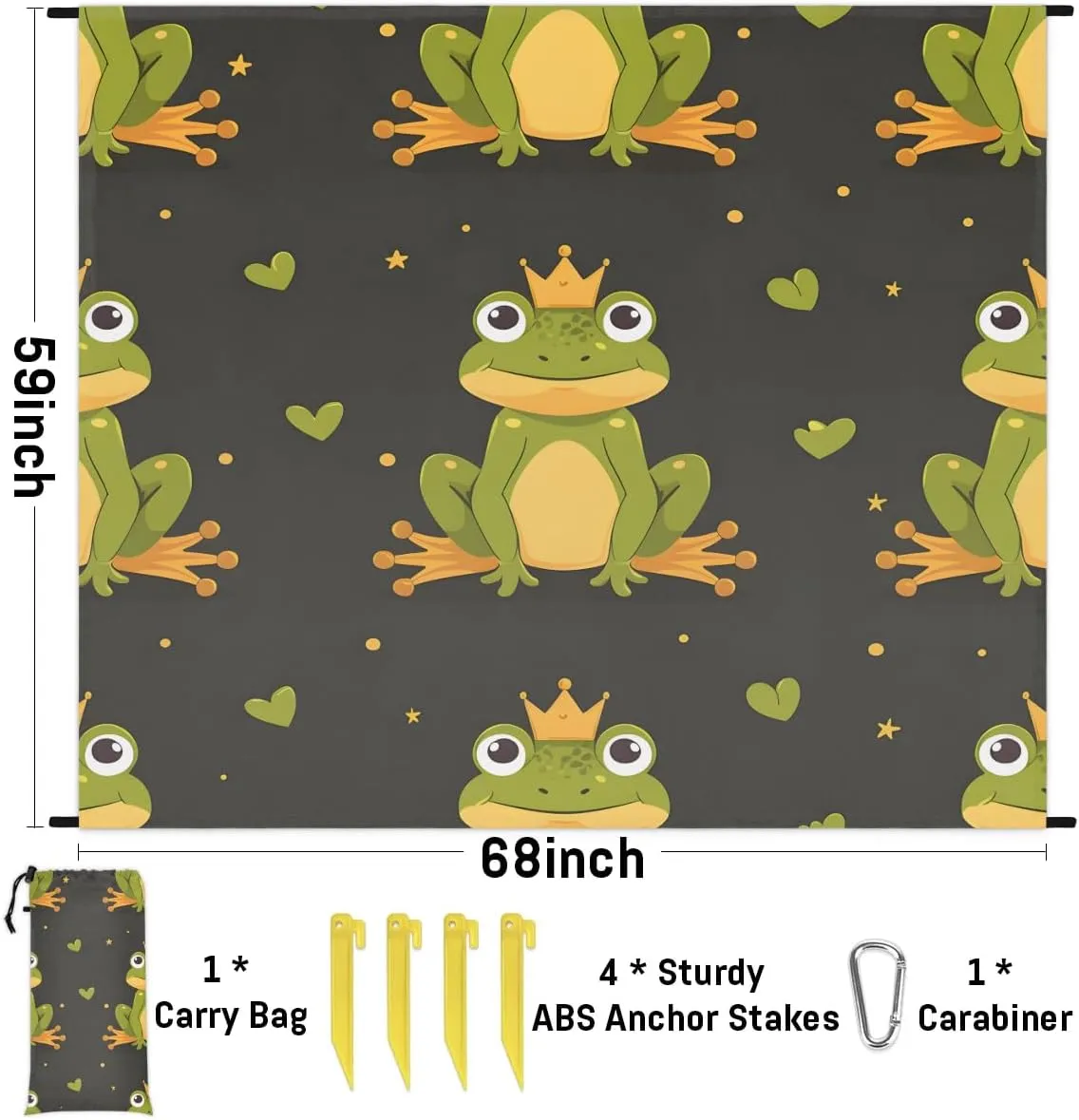 Frog Beach Blanket, Sandproof Beach Mat, 68 x 59 Waterproof Quick Drying Sand Free Mat with 4 x Ground Spikes for Outdoor Travel Camping Hiking, Cute Frog