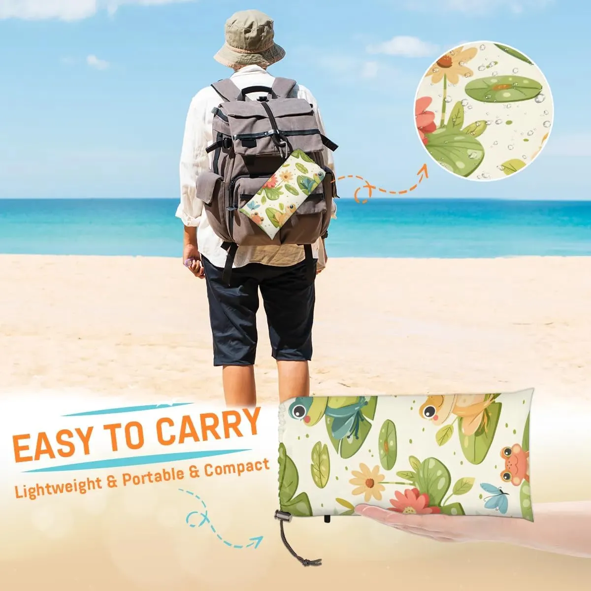 Frogs Beach Blanket, Sandproof Beach Mat, 68 x 59 Waterproof Quick Drying Sand Free Mat with 4 x Ground Spikes for Outdoor Travel Camping Hiking, Cartoon Frog Lotus