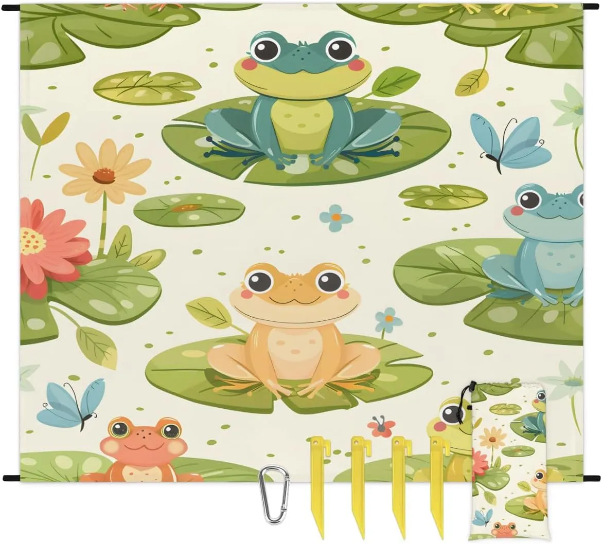 Frogs Beach Blanket, Sandproof Beach Mat, 68 x 59 Waterproof Quick Drying Sand Free Mat with 4 x Ground Spikes for Outdoor Travel Camping Hiking, Cartoon Frog Lotus