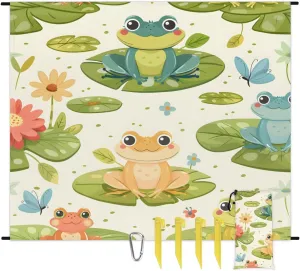 Frogs Beach Blanket, Sandproof Beach Mat, 68 x 59 Waterproof Quick Drying Sand Free Mat with 4 x Ground Spikes for Outdoor Travel Camping Hiking, Cartoon Frog Lotus