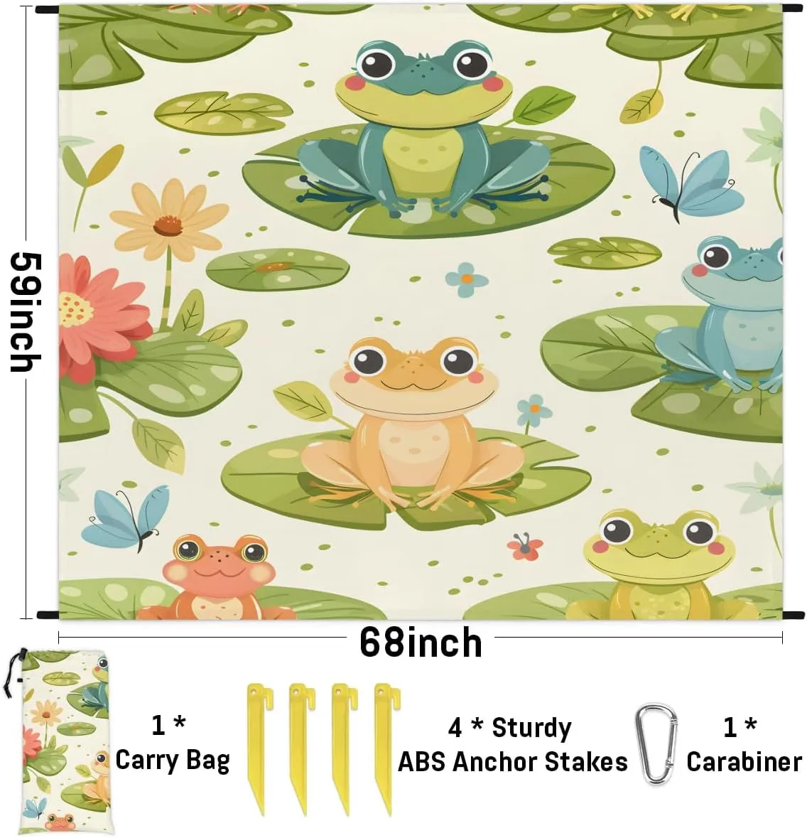 Frogs Beach Blanket, Sandproof Beach Mat, 68 x 59 Waterproof Quick Drying Sand Free Mat with 4 x Ground Spikes for Outdoor Travel Camping Hiking, Cartoon Frog Lotus