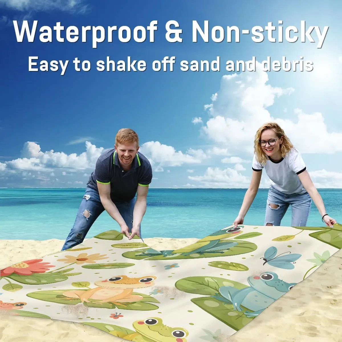 Frogs Beach Blanket, Sandproof Beach Mat, 68 x 59 Waterproof Quick Drying Sand Free Mat with 4 x Ground Spikes for Outdoor Travel Camping Hiking, Cartoon Frog Lotus