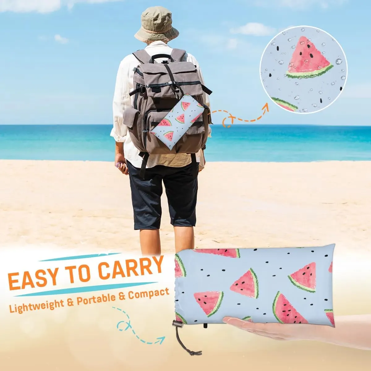Fruit Beach Blanket, Sandproof Beach Mat, 68 x 59 Waterproof Quick Drying Sand Free Mat with 4 x Ground Spikes for Outdoor Travel Camping Hiking, Watercolor Watermelon
