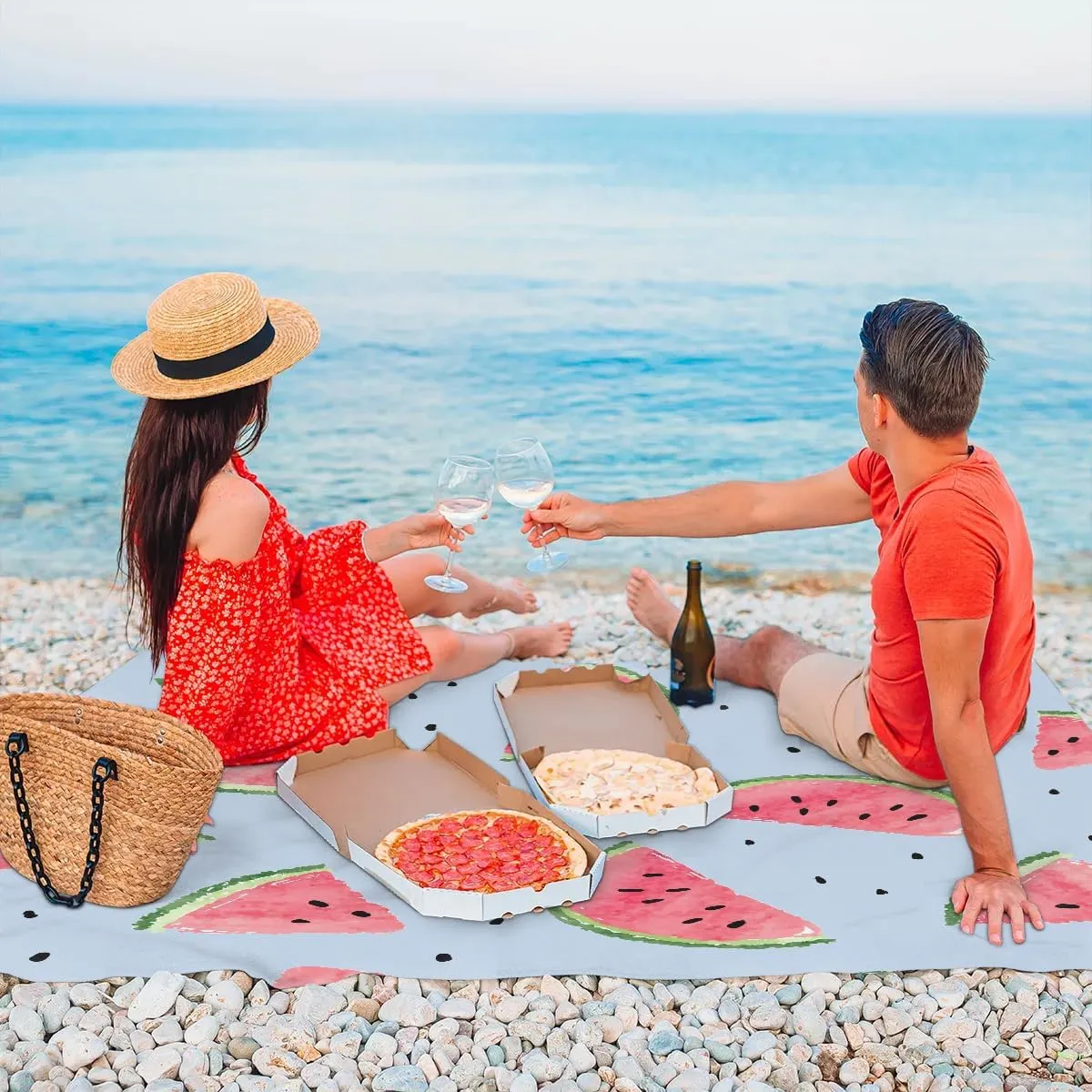 Fruit Beach Blanket, Sandproof Beach Mat, 68 x 59 Waterproof Quick Drying Sand Free Mat with 4 x Ground Spikes for Outdoor Travel Camping Hiking, Watercolor Watermelon