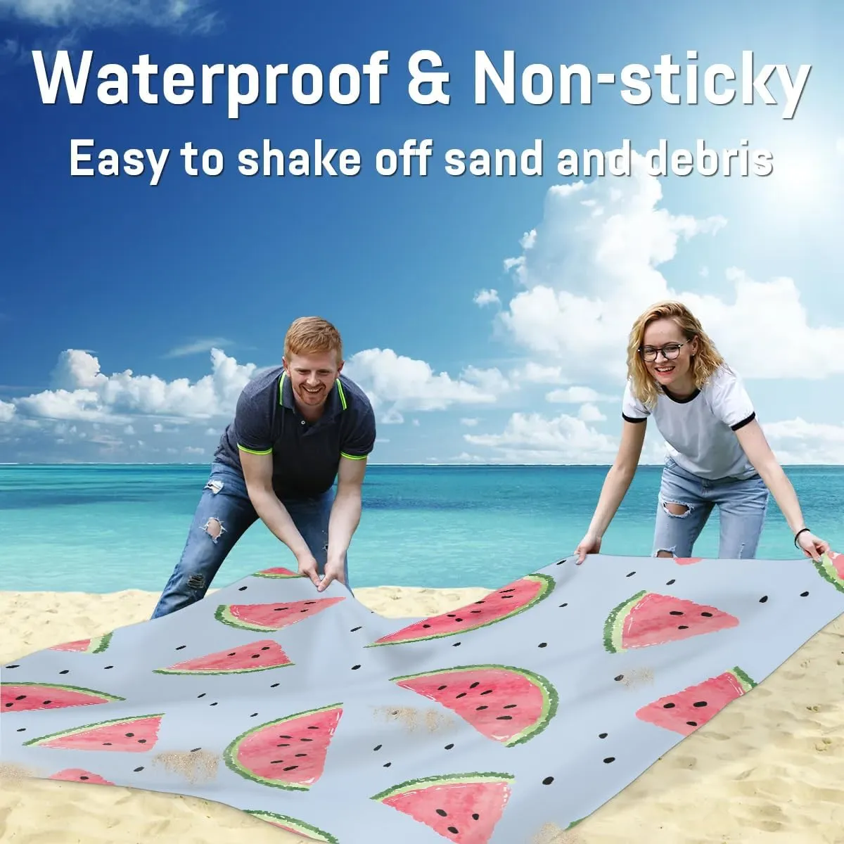Fruit Beach Blanket, Sandproof Beach Mat, 68 x 59 Waterproof Quick Drying Sand Free Mat with 4 x Ground Spikes for Outdoor Travel Camping Hiking, Watercolor Watermelon