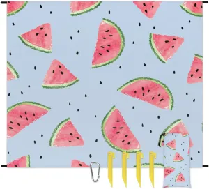 Fruit Beach Blanket, Sandproof Beach Mat, 68 x 59 Waterproof Quick Drying Sand Free Mat with 4 x Ground Spikes for Outdoor Travel Camping Hiking, Watercolor Watermelon