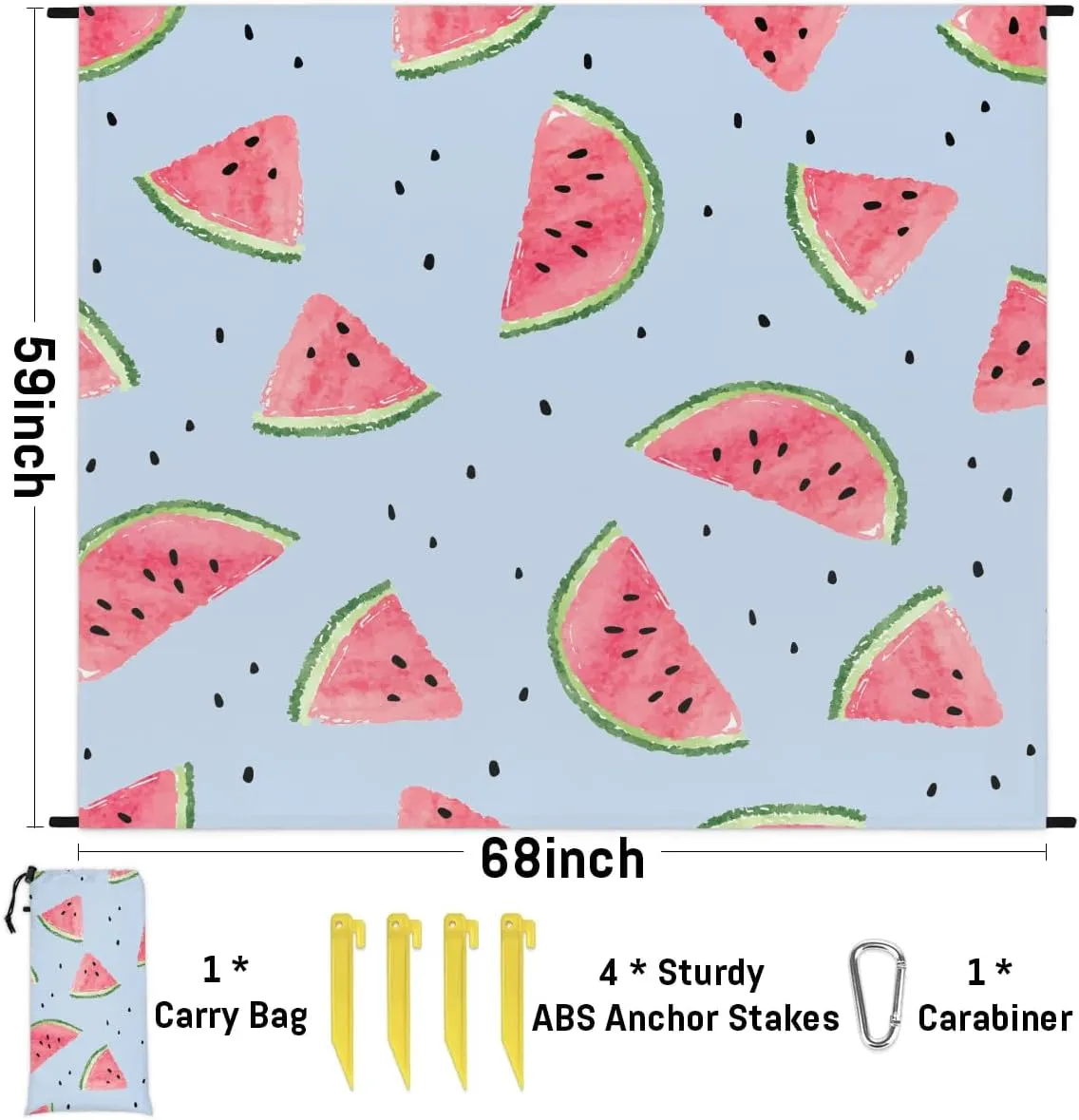 Fruit Beach Blanket, Sandproof Beach Mat, 68 x 59 Waterproof Quick Drying Sand Free Mat with 4 x Ground Spikes for Outdoor Travel Camping Hiking, Watercolor Watermelon