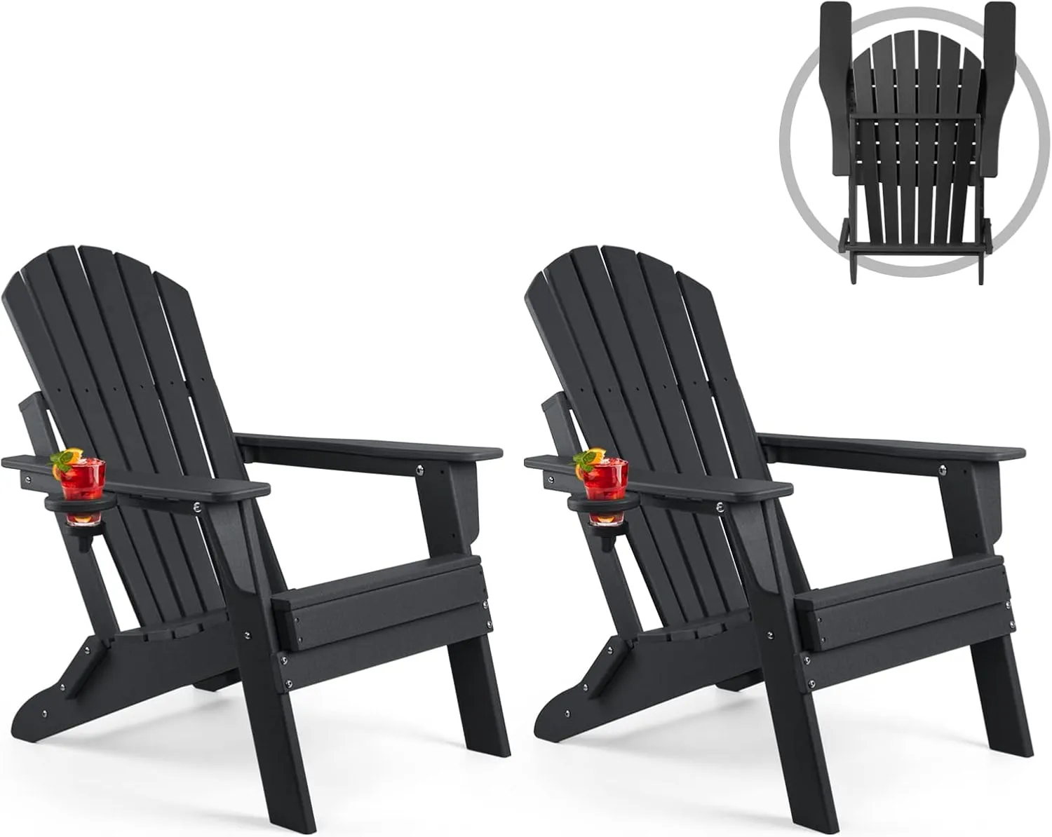 FUNBERRY Folding Adirondack Chair Set of 2, All Weather HDPE Fire Pit Chairs with Cup Holder for Outdoor