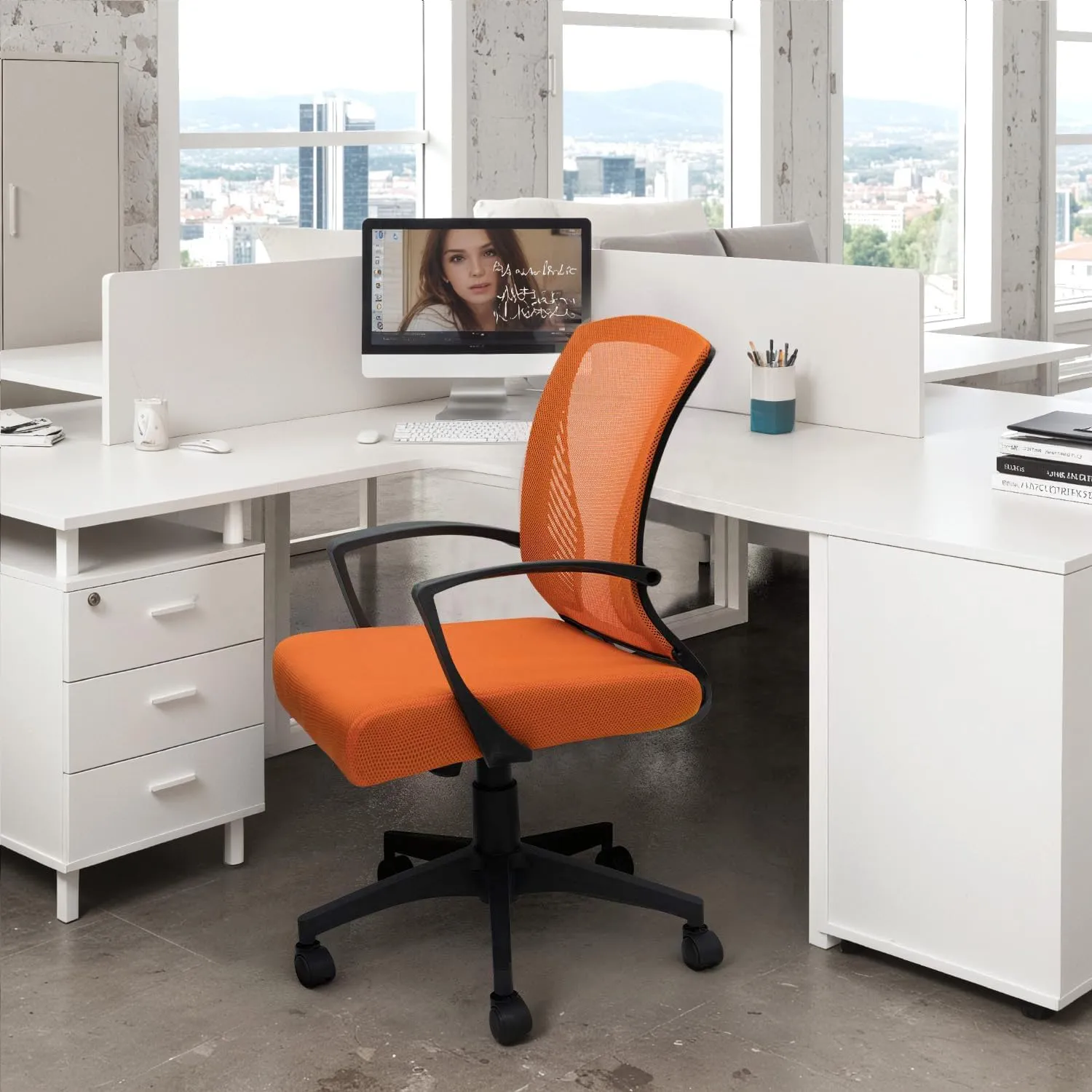 Furmax Office Chair Ergonomic Computer Desk Mesh Chair Mid Back Swivel Lumbar Support with Armrest (1, Orange)