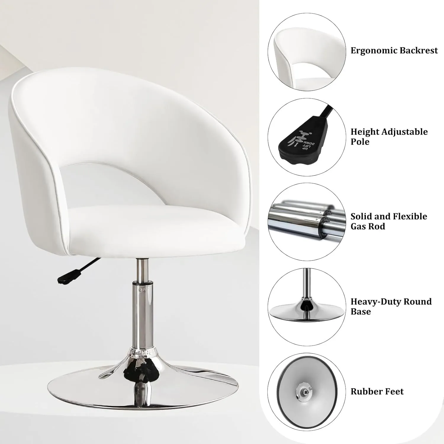 Furniliving Vanity Chair with Arm, PU Leather Chair for Vanity, Swivel Accent Chair, Adjustable Height Makeup Chair with Chrome Base, Living Room Chair for Bedroom, Makeup Room, Study Room, IvoryWhite