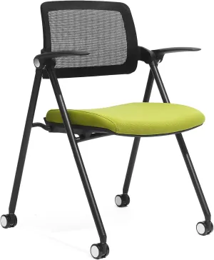 FYLICA Stackable & Foldable Office Chair, Folding Desk Chair with Flip-Up Armrest, Breathable Mesh, Thick Seat Cushion & Rocking Backrest, Conference Room Chair with Wheel (Green，1)