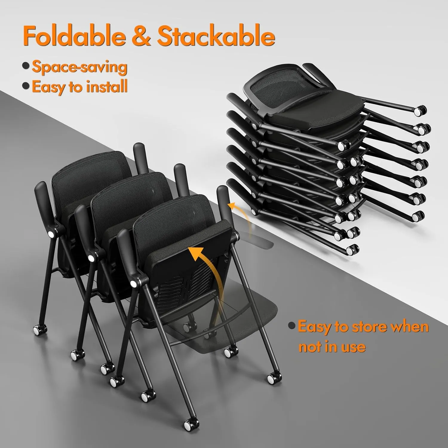 FYLICA Stackable & Foldable Office Chair, Folding Desk Chair with Flip-Up Armrest, Breathable Mesh, Thick Seat Cushion & Rocking Backrest, Conference Room Chair with Wheel (Green，1)